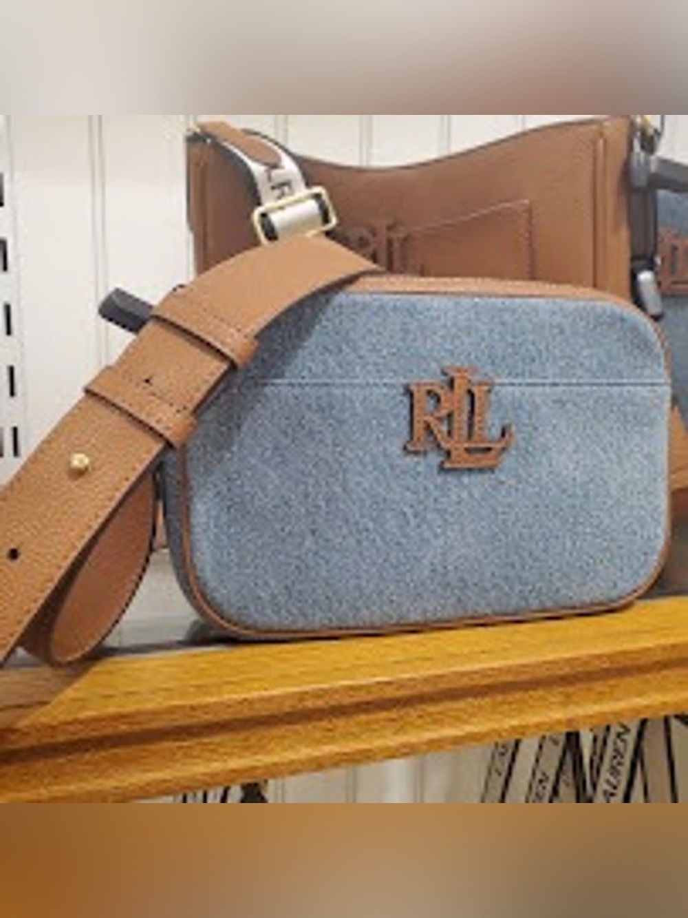 Lauren Ralph Lauren Light Blue Denim and Tan Leather Cross Body Bag